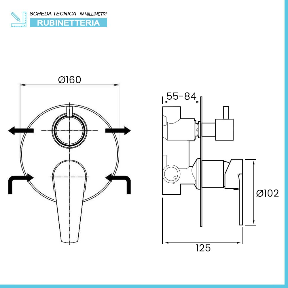 Set doccia a incasso con deviatore in ottone, braccio 35 cm, soffione tondo 20 cm in acciaio inox e kit doccia completo, ZOE