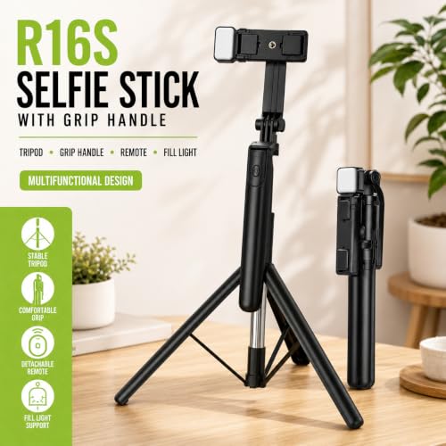 Image of 3-in-1 Bluetooth Selfie Stick Tripod with Wireless Remote, Extendable Tripod Stand & Grip Handle, Adjustable Phone Holder, Portable Selfie Stick, Travel R16S by UNBREAKcable