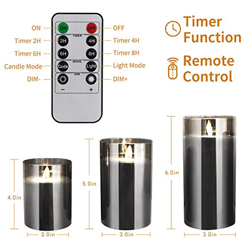 Led Flameless Candles, Battery Operated Real Pillar Wax Flickering Moving Wick Effect Grey Glass Candle Set for Home Decoration with Remote Control Cycling Timer, 4 inch, 5 inch, 6 inch, Pack of 3