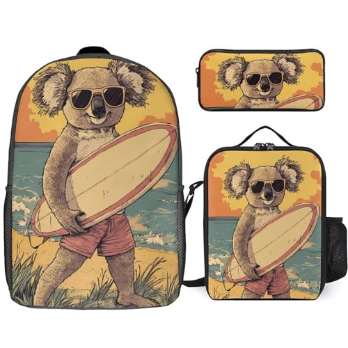Koala Surfing Surfer Surfboard Classic Backpack Lunch Bag Pencil Case 3 Piece Set Travel Daypack