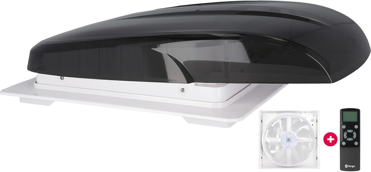 BERGER Oblò Camper 40x40 Ventola 4 Velocità Telecomando Lucernario Zanzariera Oscurante Motore 12V Nero