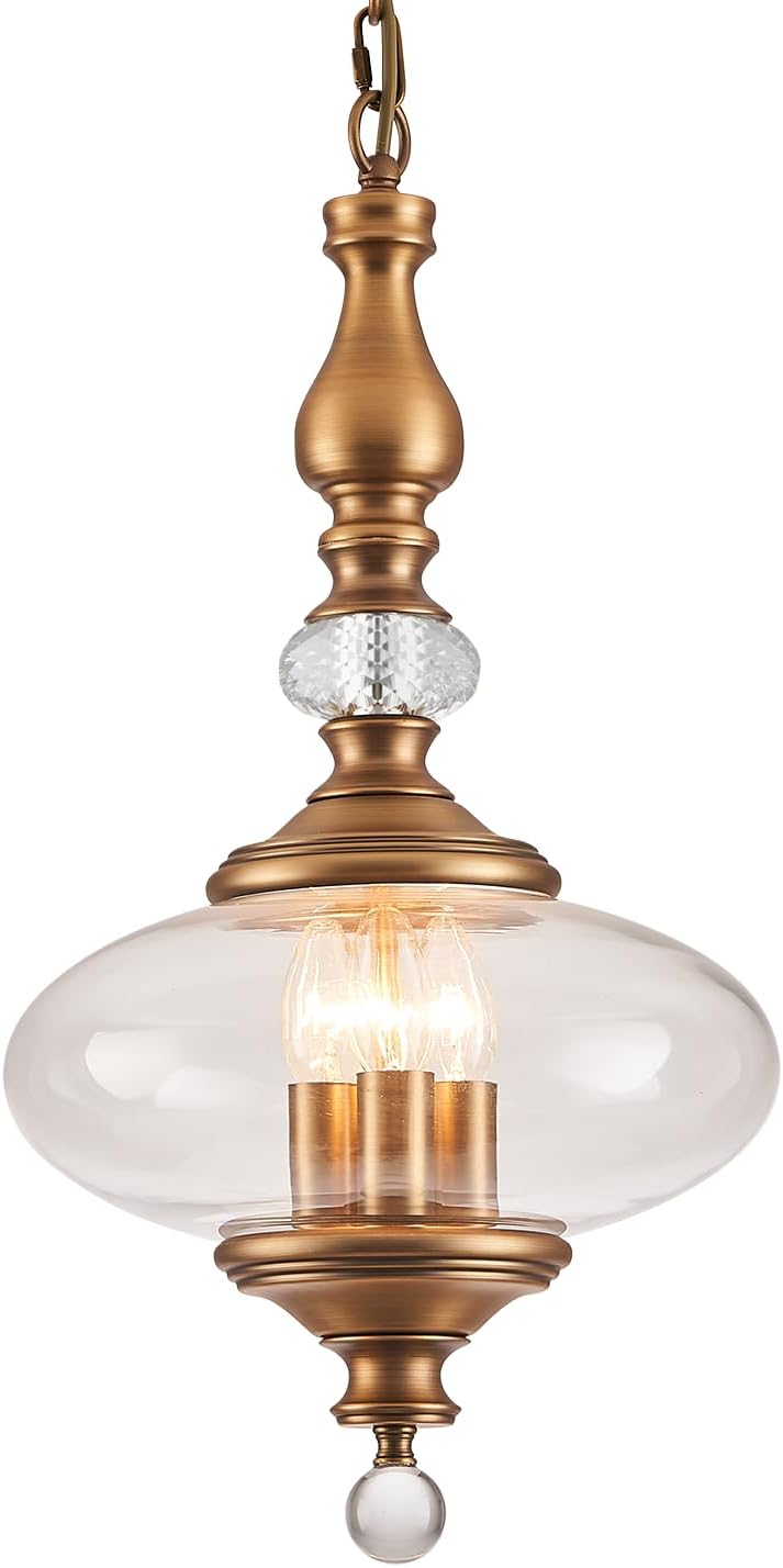 Vintage Pendant Light Fixtures Antique Brushed Brass Glass Pendant Light for Kitchens, Dining Rooms, Entryways, Hallways, and Stairs W 11.8 in. H 23.6 in. Brass 3-light