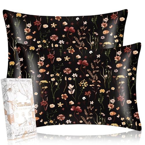 Miss Adola Silk Pillowcase 2 Pack - Standard 50x75cm Mulberry Silk Pillow Cases for Hair and Skin with Hidden Zipper Aesthetic Design Pattern Bed Pillow Protector for Women Girls, Black Grow Flower Miss Adola Silk Pillowcase 2 Pack - Standard 50x75cm Mulberry Silk Pillow Cases for Hair and Skin with Hidden Zipper Aesthetic Design Pattern Bed Pillow Protector for Women Girls, Black Grow Flower
