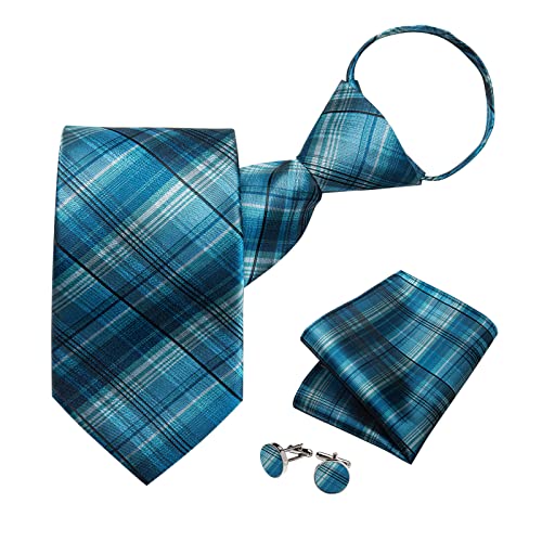 Image of DiBanGu Silk Zipper Ties for Men,Paisley Solid Plaid Pre-tied Tie and Pocket Square Cufflinks Set Formal Adjustable Necktie