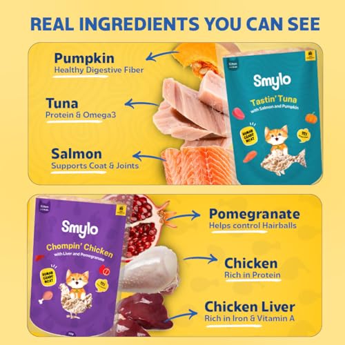 Image of Smylo Natural Healthy Kitten Wet Food (2-12 Months) 70g x 64 Packs | Variety Combo of Tuna & Salmon and Chicken & Liver Recipes | Grain Free, No Preservatives & By-Products | Vet-Formulated