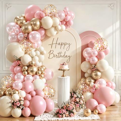 Image of Blocesa Pearl Pink and Gold Balloons Arch Kit Double Stuffed,Party Decor.