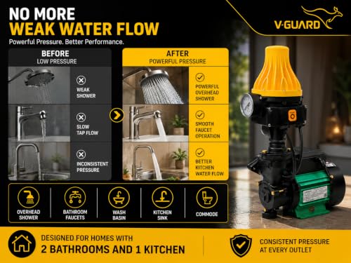 Image of V-Guard Automatic Pressure Booster Pump, (Aqualush Green) with Intelli Pressure Sense Technology 0.5HP, 220V for upto 2-3 Bathrooms and Kitchen with, 1 YEAR ON-SITE WARRANTY