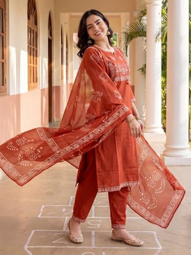 Image of INDO ERA Women's Pure Cotton Striped Printed Kurta & Pant with Dupatta Set