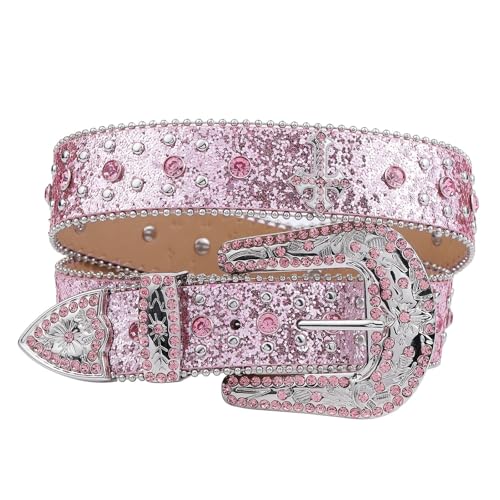 Pink Cross-rivet Rhinestone Belt Sparkles, Punk Rock Inlaid Leather Belt For Men's Jeans3