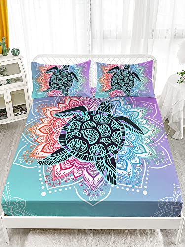 Hosima Sea Turtle Bedding,Coastal Beach Themed Fitted Sheet Set Queen Size For Kids Teen Girls Boys Room Decor,Mandala Turtle Fitted Sheet Set Twin Size,1 Fitted Sheet+2 Pillowcases. #TOP1