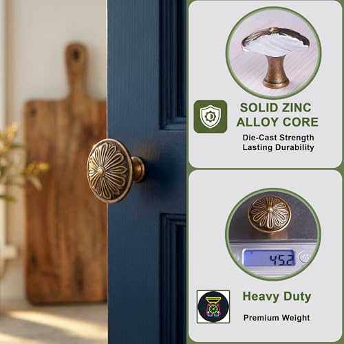Image of DWYL & LWYD Antique Brass Cabinet Knobs 4 Pack - Solid Die-Cast Zinc Alloy 1.4 inchDia - Vintage Brass Round Cabinet Handles for Kitchen Cabinets and Drawers, Dresser Knobs Drawer Pulls Vintage