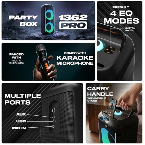 Image of DIGIMORE 160W PartyBox Speaker w /Wireless Mic | Dual 6.5 inch Boombox Speakers | AI Sound Boost & Deep Base Sound | RGB Lights, 10Hrs Battery & BT 5.3 /USB /TF /AUX for Parties & Gatherings (D-1362 Pro)