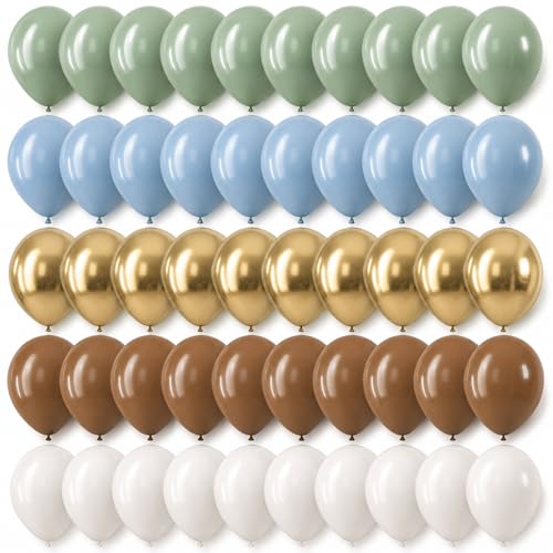 Image of Sage Green Blue Brown Balloons, 12 Inch Dinosaur Theme Dusty Blue Green | Dark Brown Latex Balloons for Jungle Safari Woodland Dino Balloons Boho Baby Shower Birthday Party Decorations