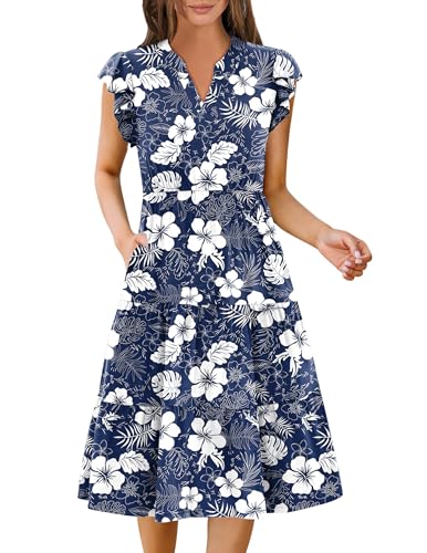 Image of ZEAGOO Womens Summer Casual Dresses Ruffle Sleeve V Neck Midi Dress Flowy Tiered Dress with Pockets Boho Sundresses