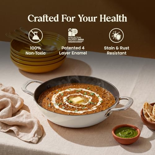 Image of CUMIN CO. Enamel Cast Iron Kadai LITE with Lid | 4L, 28 cm |5 Years Warranty | Non Toxic Heavy Bottom Kadhai for Frying | Induction & Gas Compatible | Chemical Free Coating | White