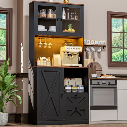 Image of 71''Kitchen Pantry Storage Cabinet with LED Lights and Power Outlet, Tall Farmhouse Kitchen Hutch with Microwave Stand,Globet Hooks and Adjustable Shelf for Dining Living Room,Black