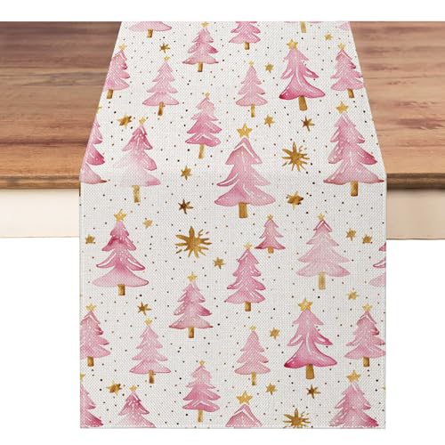 Christmas Table Runner 13x72 Inch, Pink Merry Christmas Trees Table Decors for Seasonal Winter Xmas Holiday Farmhouse Home Kitchen Dining Party