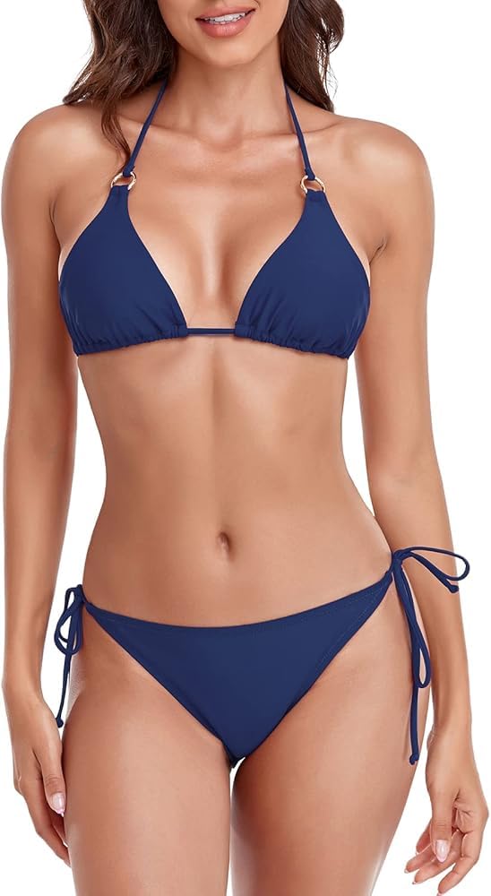 Women's String Bikini Set, Sexy Triangle Padded Halter Two Piece Swimsuit with Tie Side, Bathing Suit, Low Rise, Padded Bikini Sets