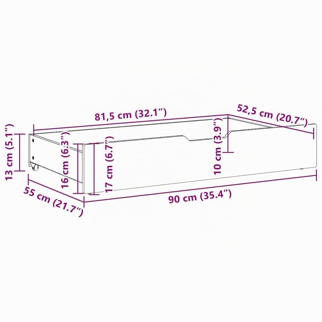 Tiroirs sous le lit 2 pcs blanc 90x55x16 cm bois de pin massif