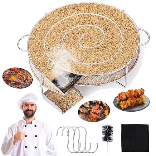 TOSUTO Generador de Humo Frío con asa,Ahumador Redondo,Generador Humo Acero Inoxidable,4 Ganchos para Carne con Cepillo y Paño de Limpieza,Ahumador Barbacoa,para Parrilla,Ahumadores y Hornos