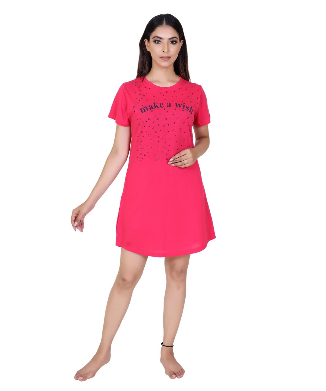 Genericdiscoveryline Women's Cotton Regular Fit Half Sleeves Printed Stella Long T-Shirt for Women and Girls (Rani)