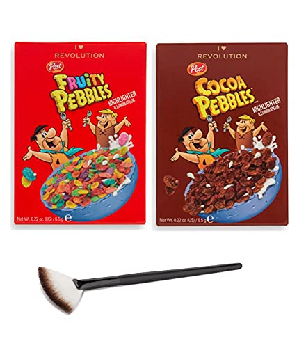 Makeup Revolution Pebbles Highlighter Set! Includes Fruity Rainbow Highlighter, Cocoa Chocolate Highligher and Makeup Brush! Cereal Inspired Makeup Palette! Vegan And Cruelty Free! Choose Your Set! (Highlighters)