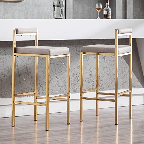 Quinjay 30'' Modern Cream Bar Stools Set Of 4, Pu Leather Upholstered Gold Bar Stools With Footrests, High Dining Chairs With Gold Leg Kitchen Island Bar Stools Industrial Bar Stools For Pub Bar #TOP4