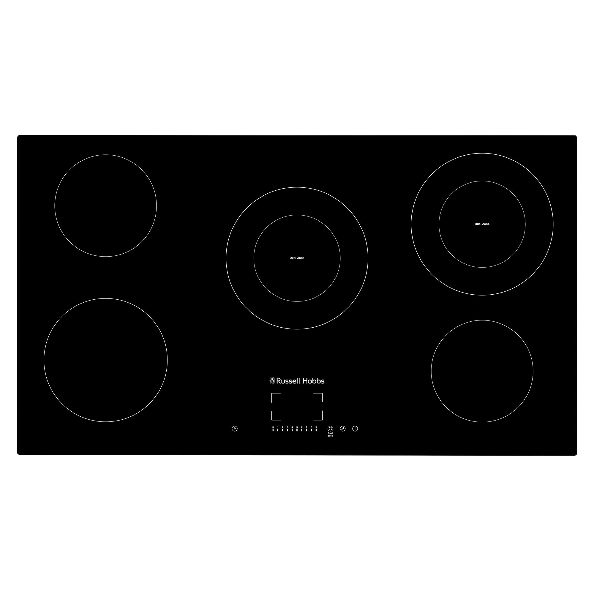 Russell Hobbs Russell Hobbs, 90cm Electric Hob, Black, 5 Cooking Zones, 2 Dual-Cooking Spaces, 99-Minute Timer, 9-Stage Power Settings, Residu