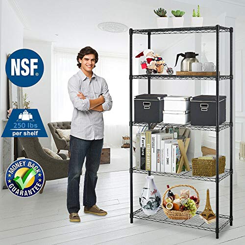 Image of BestOffice | 5-Tier Wire Storage Shelves | 36x14x72 | Black | with Adjustable Racks | Heavy-Duty Metal Shelf, Holds Upto 1000 lbs | No-Tool Assembly | Ideal for Home & Garage Shelving