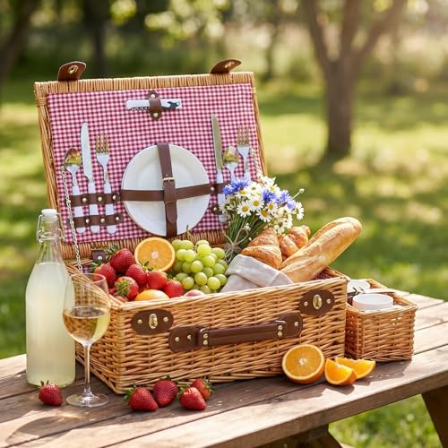 Image of Multifunctional Wicker Picnic Basket Set for 2 Adults with Picnic Table and Blankets,Large Insulated Picnic Set with Wine Pouch and Full Tablewares for Camping Outdoor Couples Beach Wedding,Pink