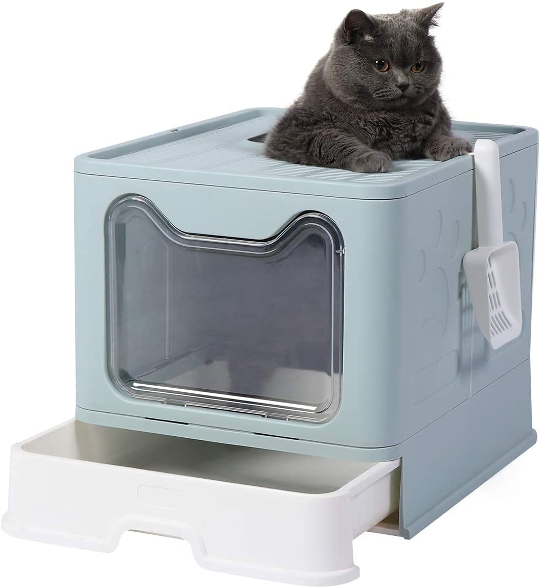 Bac à litière pliable pour chat bleu grand format avec couvercle anti-projections
