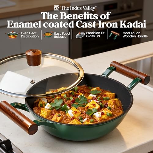 Image of The Indus Valley Titanium Reinforced Enamel Coated Cast Iron Kadai 2.3 litres | 3 Layer Cast Iron with Glass Lid | Wooden Handle | Naturally Non Stick | Induction Compatible | PTFE, PFOA & PFAS Free