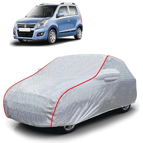 Image of Sulfar 100% Waterproof Car Body Cover Compatible with Mirror for Maruti Suzuki New Wagonr (2010 (Triple Stitched, Full Bottom Elastic, Magic Silver with Red Piping)