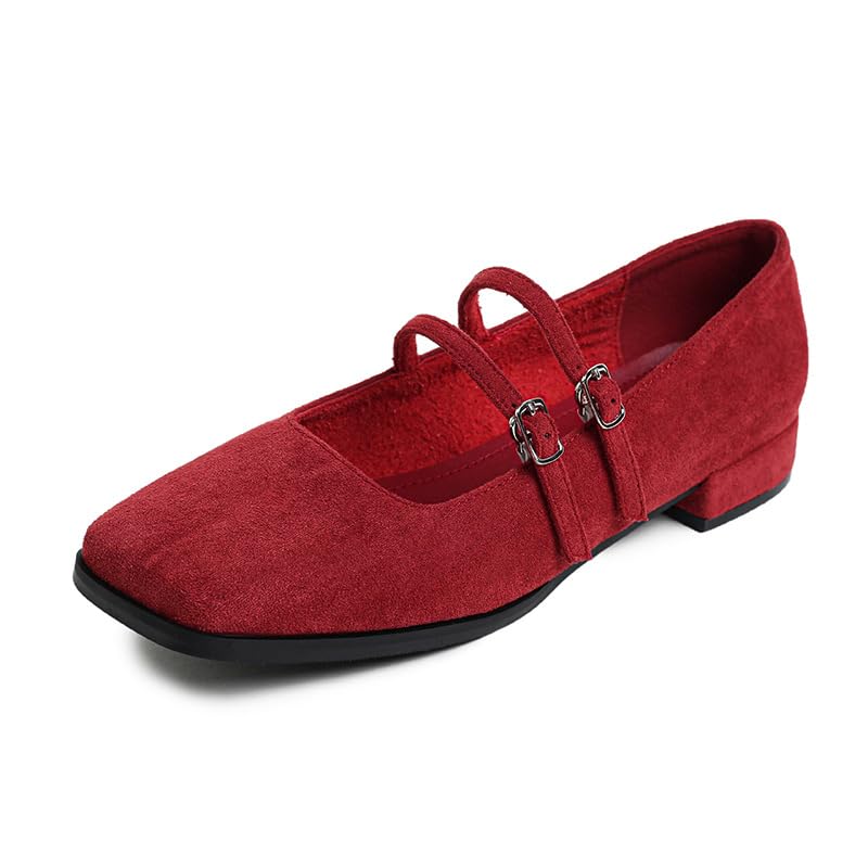 Square Toe Mary Jane Flats for Women Suede Ballet Flats with Strap Slip On Casual Retro Mary Janes Shoes Dressy