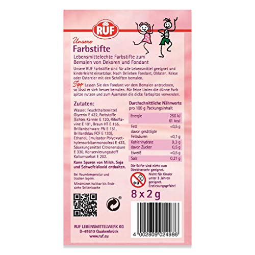 RUF Lebensmittel-Farbstifte, 8 lebensmittelechte Speisefarben als Stifte-Set zum Malen und Schreiben auf Fondant, Keksen, Torten, 4 Zucker-Stifte mit je 2 Spitzen - Image 3