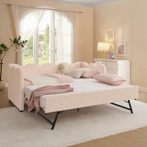Image of KEIKI Twin Size Upholstery Gingham Daybed with Trundle and USB, Pink