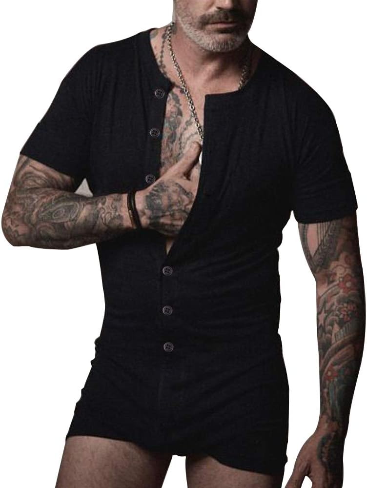 Mens Short Sleeve Onesie Henley Jumpsuit Stretchy Cotton Ramper