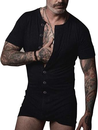 GYMAPE Mens Short Sleeve Jumpsuit Pajamas Onesie Henley | One Piece Cotton Stretchy Comfortable Garment