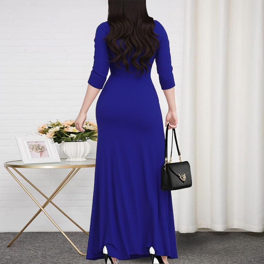 Maxi Dresses for Women Casual 3/4 Sleeve Wrap V Neck Semi Formal Elegant Long Church Dress with Belt - Image 4
