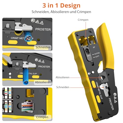 Proster RJ45 Crimpzange Set Ethernet-Pass-Through-Crimpzange mit 50PCS Pass-Through-Steckern 50PCS Schutzhüllen Netzwerkkabel-Tester für 8P RJ45 Cat6 Cat5/5e Cat7 6P RJ11 RJ12 Telefon
