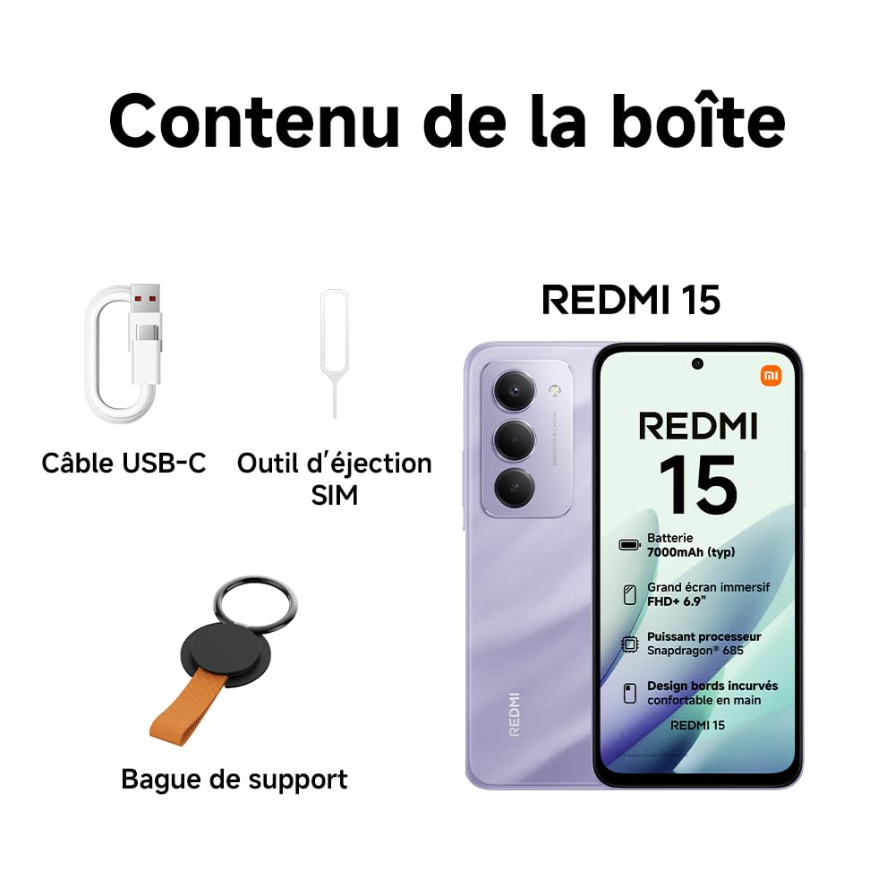 XIAOMI REDMI 15 Smartphone 8+256 Go Double Caméra IA 50 MP - Titane | Écran 6,9 pouces FHD+ 144 Hz, batterie 7000 mAh, SnapdraGon 686, chargeur non inclus