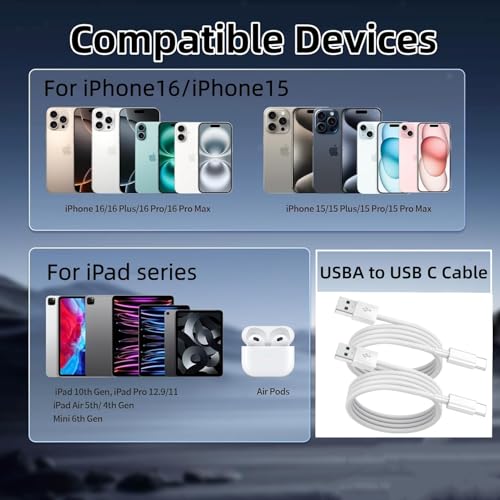 for iPhone17/16/15 USB to USB C Fast Charging Cord,2Pack 3Ft Type A to Type C Nylon Braided Carplay Cable for iPhone17/16/15 Pro/MacBook/iPad Air/Mini/Pro/Samsung