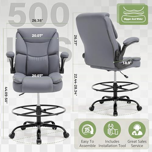 Image of 500LBS Drafting Chair, High Back Safer Standing Desk Chair, Executive Tall Office Chair with Flip-up Armrests, Upholstered PU Leather Task Chair, Ergonomic Seat with Adjustable Height&Foot Ring, Grey