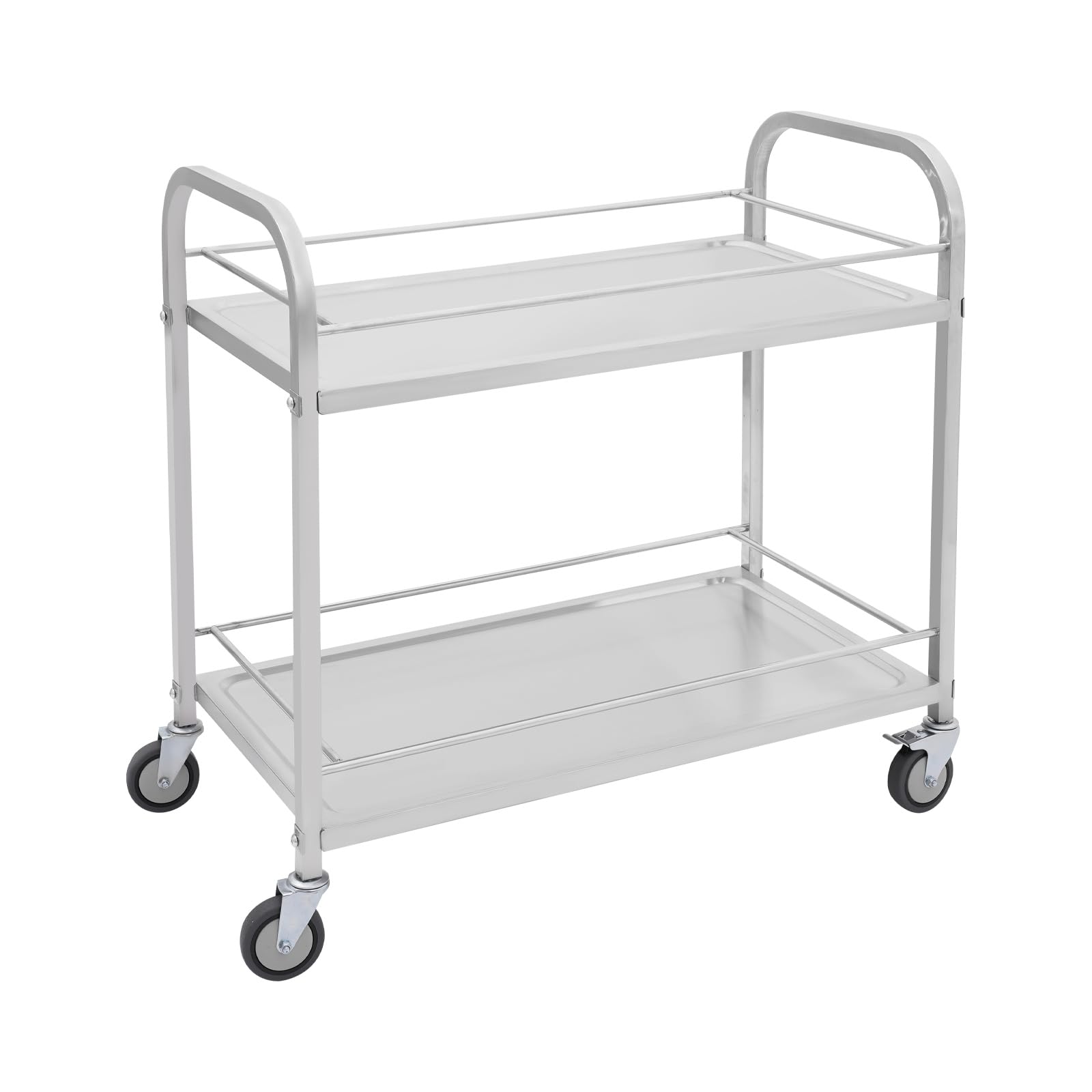 Carro de servicio de acero inoxidable con 2 estantes y estructura de tubo redondo, carro de servicio pesado con 4 ruedas, 2 frenos, capacidad de carga: 75 kg