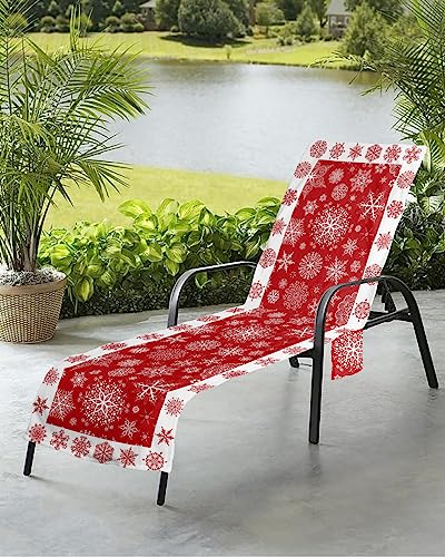 Christmas Beach Chair Towel Covers for Chaise Lounge with Side Pocket, Soft Plush Pool Towels Cover for Patio Sunbathing Outdoor 29''x85'' Red Merry Xmas Snowflake Winter Holiday