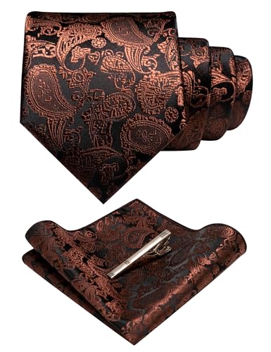 Image of JEMYGINS Mens Solid Color Paisley Necktie and Pocket Square with Tie Clip Sets