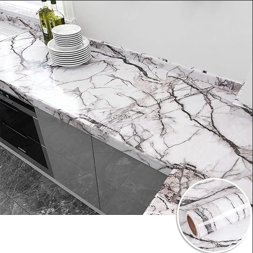 Image of SUNBIRD Wood Furniture Wallpaper Vinyl, Self-Adhesive Wood Wall Paper, Almirah,Kitchen Home Decoration 24in x 3 Meter (White Grey Marble)