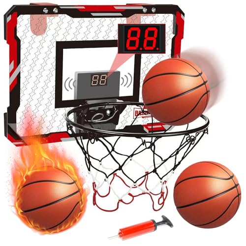TEKXDD Basketball Hoop Indoor, Over The Door with Electronic Auto-Scoring Scoreboard, Inflator, 3 Balls Included, Mini Basketball Hoop for Kids and Adults, Gifts for Boys Girls