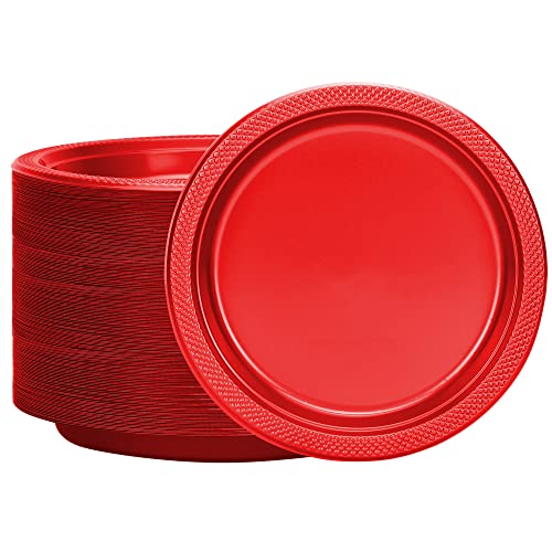 Hanna K. Signature Collection Red Plastic Plates, 9‑Inch Round, 50 Count – Disposable Heavy‑Duty Dinner Party Plates for Weddings, BBQs & Birthdays