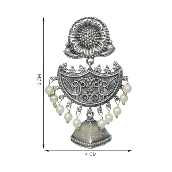 Redsify Silver Oxidised Plating Tribal Flower Dangle Earrings with White Pearl Beads for Women and Girls | 1 pair - Image 4